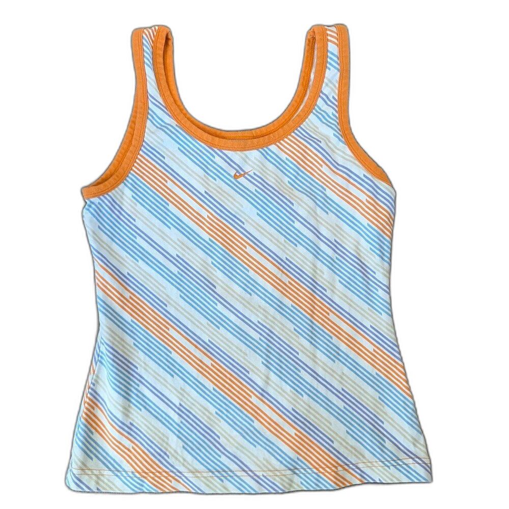 Vintage Y2K Nike Athletic Tank Top Orange Multicolor Striped Center Mini Swoosh